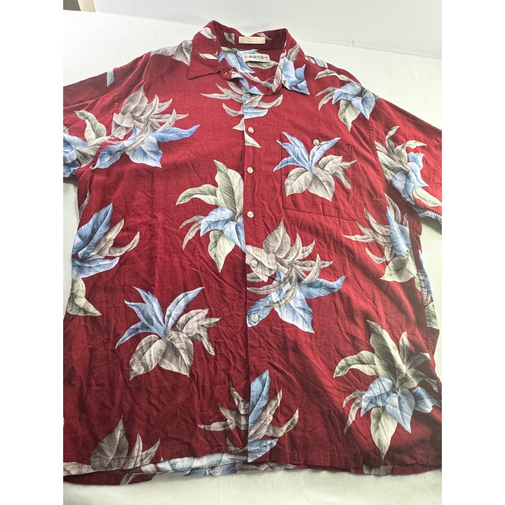 Campia Moda Shirt Mens XL Red Rayon Tropical Leaf Print Short Sleeve Button‎ Up